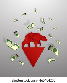 Bear paper art and red arrow paper art for stock market vector and illustration