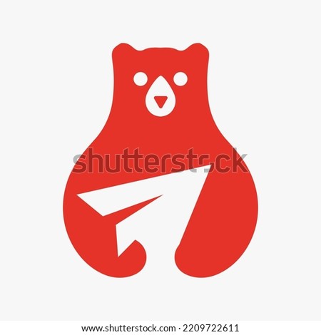 Bear Paper Plane Logo Negative Space Vector Template. Bear Holding Paper Plane Symbol