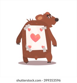 Bear With A Paper Stick To Back Funny Childish Colorful Flat Vector Illustration On White Background