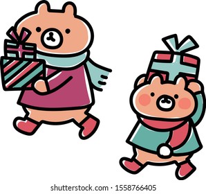 bear parent and child carry many presents