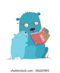 Bear Parent Reading Book To Kid. Animal Cartoon, Teddy Read And Education, Vector Illustration