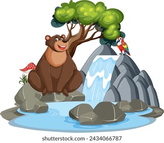 Bear and parrot enjoying nature near a waterfall.