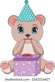 Bear with party hat and gift happy birthday Vector