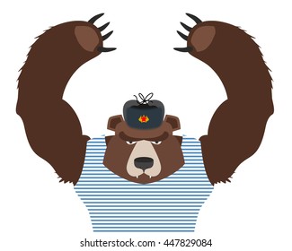 Bear patriot of Russia raised paws up. Russian National animal on white background.
