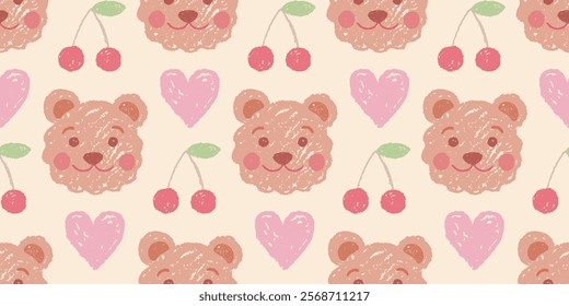 Bear pattern. Cute seamless teddy background. Crayon vector, kawaii baby animal face with cherry, heart. Watercolor, chalk or crayon print. Brown bear face, baby girl toy. Cartoon childish drawing bg