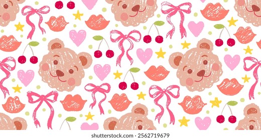 Bear pattern. Cute teddy love and bow design. Pop background, crayon texture, romantic kiss, heart, lips, bear. Seamless drawing for Valentine day. Kawaii teddy animal. Baby watercolor pattern print