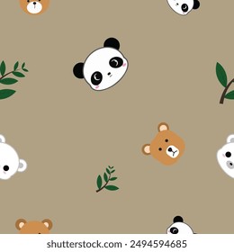 Bear pattern fabric, Cute white bear brown bear face with leaves. Seamless pattern background Medium light brown Vector design for wrapping paper, fabric and textile printing.