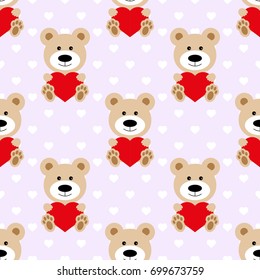 bear pattern seamless. Baby Background with teddy bear and hearts, fabric for kids.