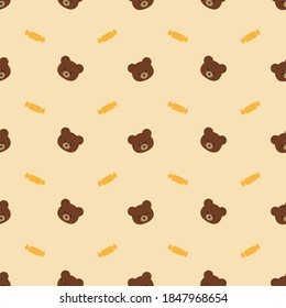 Bear pattern, seamless vector background with bears and candy for wrapping, postcards, children clothes