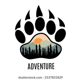 Bear Paw Adventure Badge com Montanha e Sunset Landscape Perfeito para impressão, vestuário, adesivo, etc