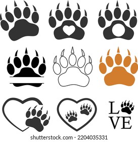 bear paw monogram icon. Pet paw print cat dog man friend sign. pet paw print with heart symbol. flat style.