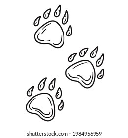 Bear paw prints, predator footprints with claws, linear icon in Doodle style