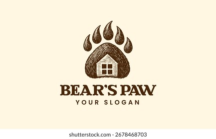 Bär Pfote Rustikale Lodge Haus Logo Wildtier und Natur Symbol Berghütte im Freien oder Hütte in Holz