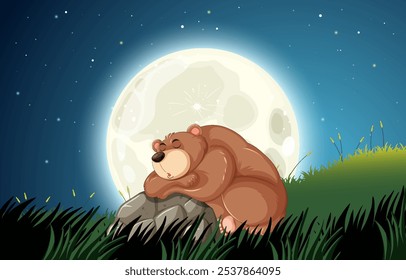 A bear peacefully sleeping beneath a glowing moon