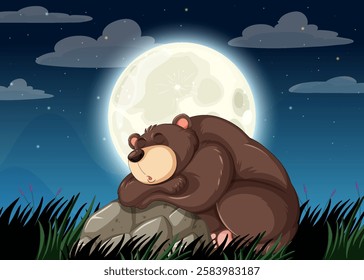 A bear peacefully sleeping beneath a glowing moon