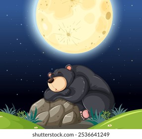 A bear peacefully sleeps beneath a glowing moon