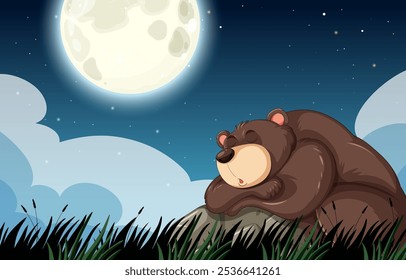 A bear peacefully sleeps beneath a glowing moon