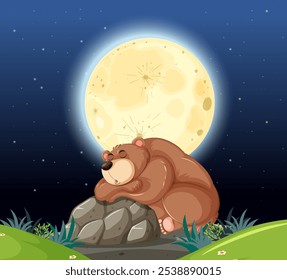 A bear peacefully sleeps beneath a glowing full moon