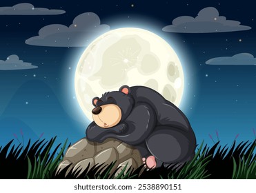 A bear peacefully sleeps beneath a glowing moon