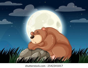 A bear peacefully sleeps beneath a glowing moon