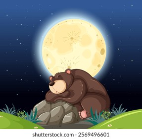 A bear peacefully sleeps beneath a glowing moon