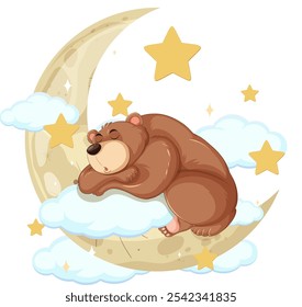 A bear peacefully sleeps on a crescent moon