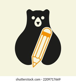 Bear Pencil Logo Negative Space Vector Template. Bear Holding Pencil Symbol