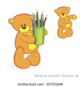 Bear with pencils isolated on white background