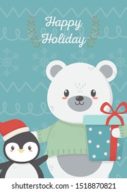 bear and penguin celebration happy christmas card