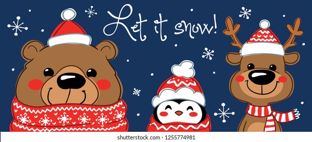 A bear, a penguin and a deer in red knitted hats and scarves in the snow.