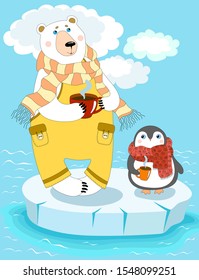 Bear and penguin drink tea from mugs on an ice floe. Bear in yellow pants and a striped scarf. Penguin in a red scarf.