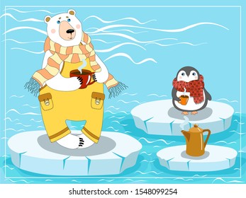 Bear and penguin drink tea from mugs on an ice floe. Bear in yellow pants and a striped scarf. Penguin in a red scarf.
