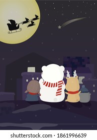 A bear, a penguin and a reindeer looking at the Santa Claus in a sleigh ride in the sky.