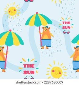 Bear personage on beach holding umbrella for shade. Cute character resting on weekends or holidays, vacation by pool water. Seamless pattern, wallpaper or background print. Vector in flat style