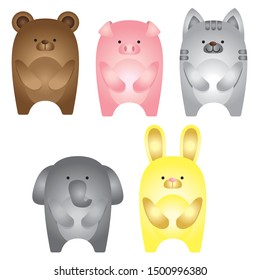 A bear, a pig, a cat, an elephant and a rabbit standing with colourful.