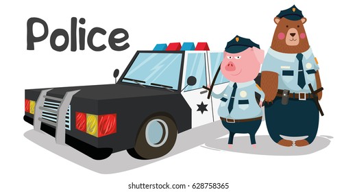 Bear, pig, policeman, character, buddies, vector, police car