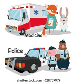 Bear, pig, policeman, character, buddies, vector, police car
Fox nurse, doctor doctor, ambulance, dispensary