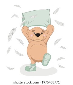 Bear with a pillow and feathers on the white background. Baby animal concept illustration for nursery, character for children book, wallpapers, icon. Vector illustration in cartoon style
