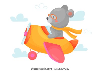 El piloto del oso vuela en avión a través de las nubes. Dibujo vectorial de dibujos animados para niños de fondo blanco aislado.