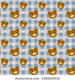 Bear, Pink flowers on blue background, Blue grid, Fabric pattern, Wrapping paper, Notebook cover , seamless pattern 