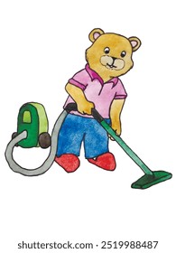 A bear in a pink T-shirt vacuums the floor