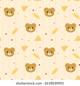 Bear, Pizza, Bread on yellow Background, Fabric Pattern, Wrapping Paper, Seamless Pattern