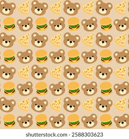 Bear, pizza, hamburger on brown background, fabric pattern, gift wrapping paper , seamless pattern 