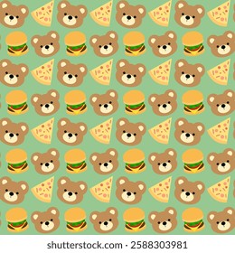 Bear, pizza, hamburger on green background, fabric pattern, gift wrapping paper , seamless pattern 