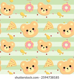 Bear Pizza on green background , seamless pattern , fabric pattern