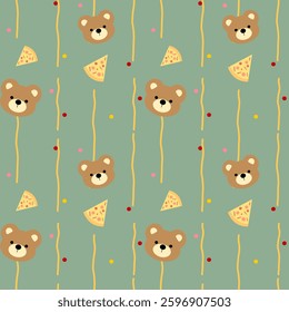 Bear, Pizza on green background, Fabric pattern, Wrapping paper pattern, Seamless pattern