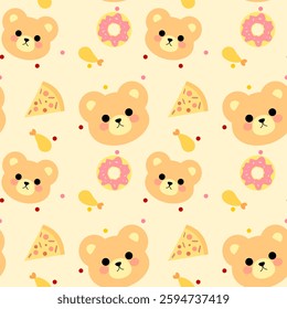 Bear Pizza on yellow background , seamless pattern , fabric pattern
