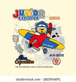 Bear plane vector. Junior explorer, one expedition text. Cute bear animal flying plane. Unique bear for t shirt