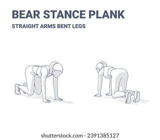Bear Planks Exercise, Woman Home Workout Routine Guidance. Outlined Concept of Girl Home Training a Young Female in Sportswear do the Straight Arms Bent Legs Plank Fitnes Exercise