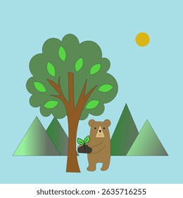 Bear planting illustration. Brown bear vector. Tree sapling care. Mountain sky background.